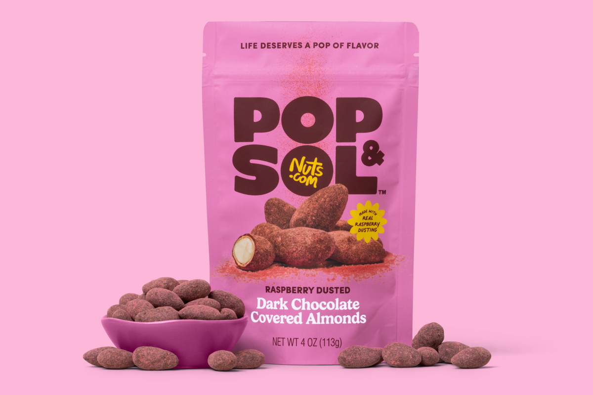 Raspberry Dusted Dark Chocolate Covered Almonds